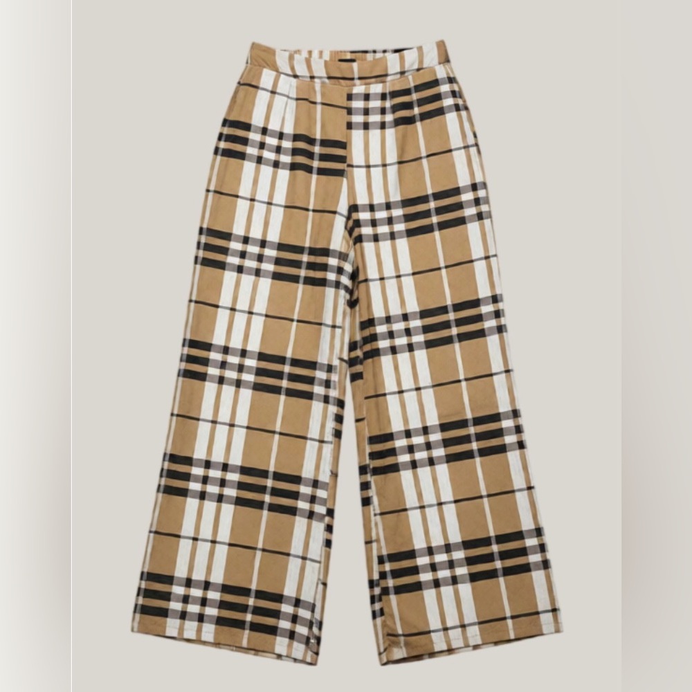 Miss Avenue Camel Plaid Wide Leg Trousers - High Rise - Size S